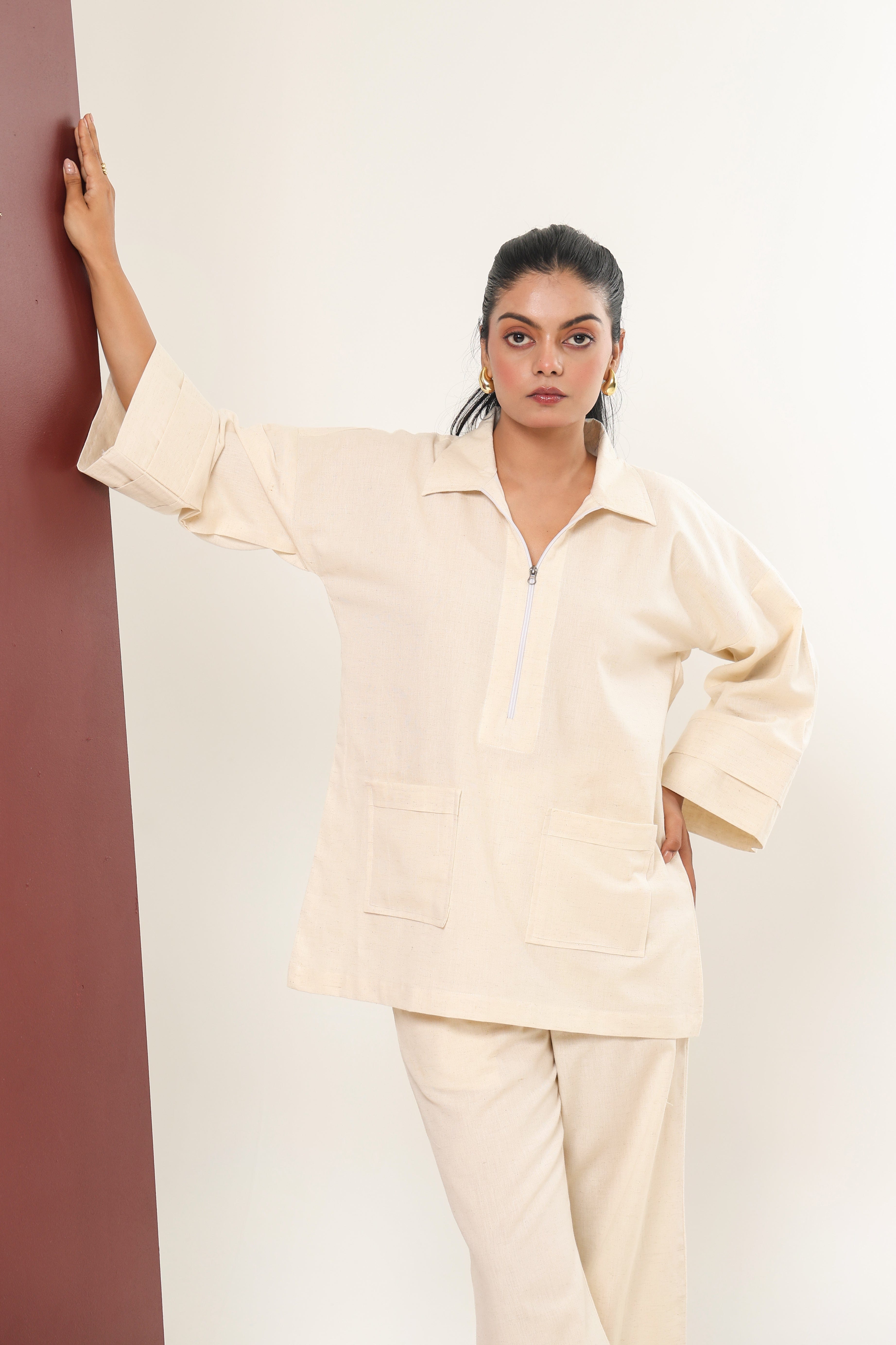 Zip-up Tunic Top - Ecru