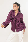 Elle Bow Blouse Top - Plum Purple