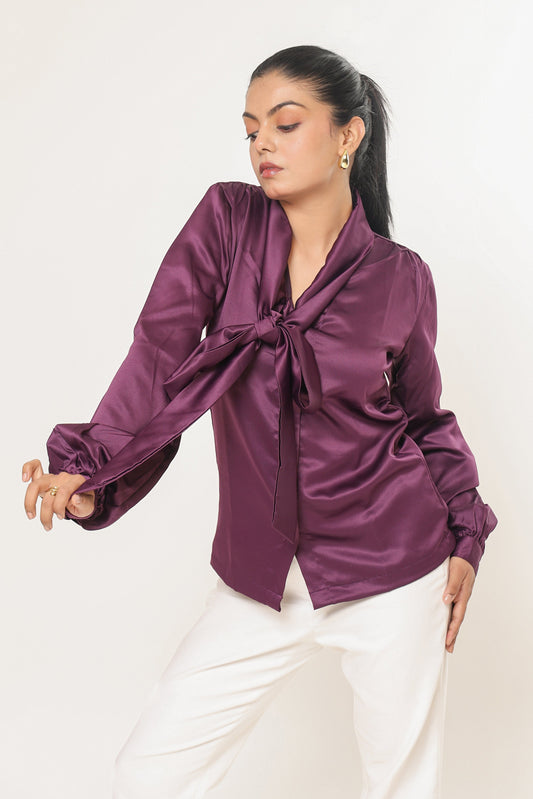 Elle Bow Blouse Top - Plum Purple