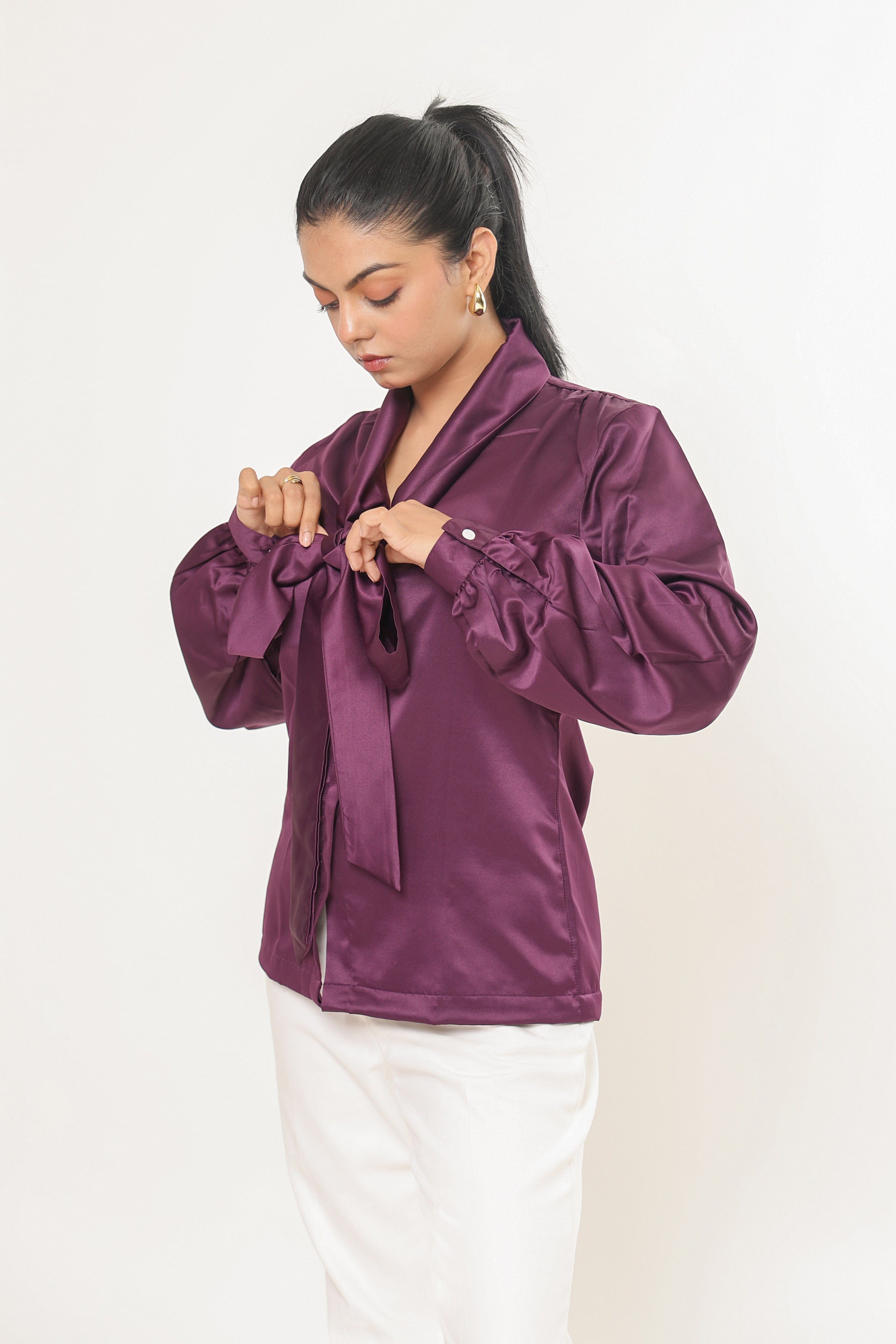 Elle Bow Blouse Top - Plum Purple