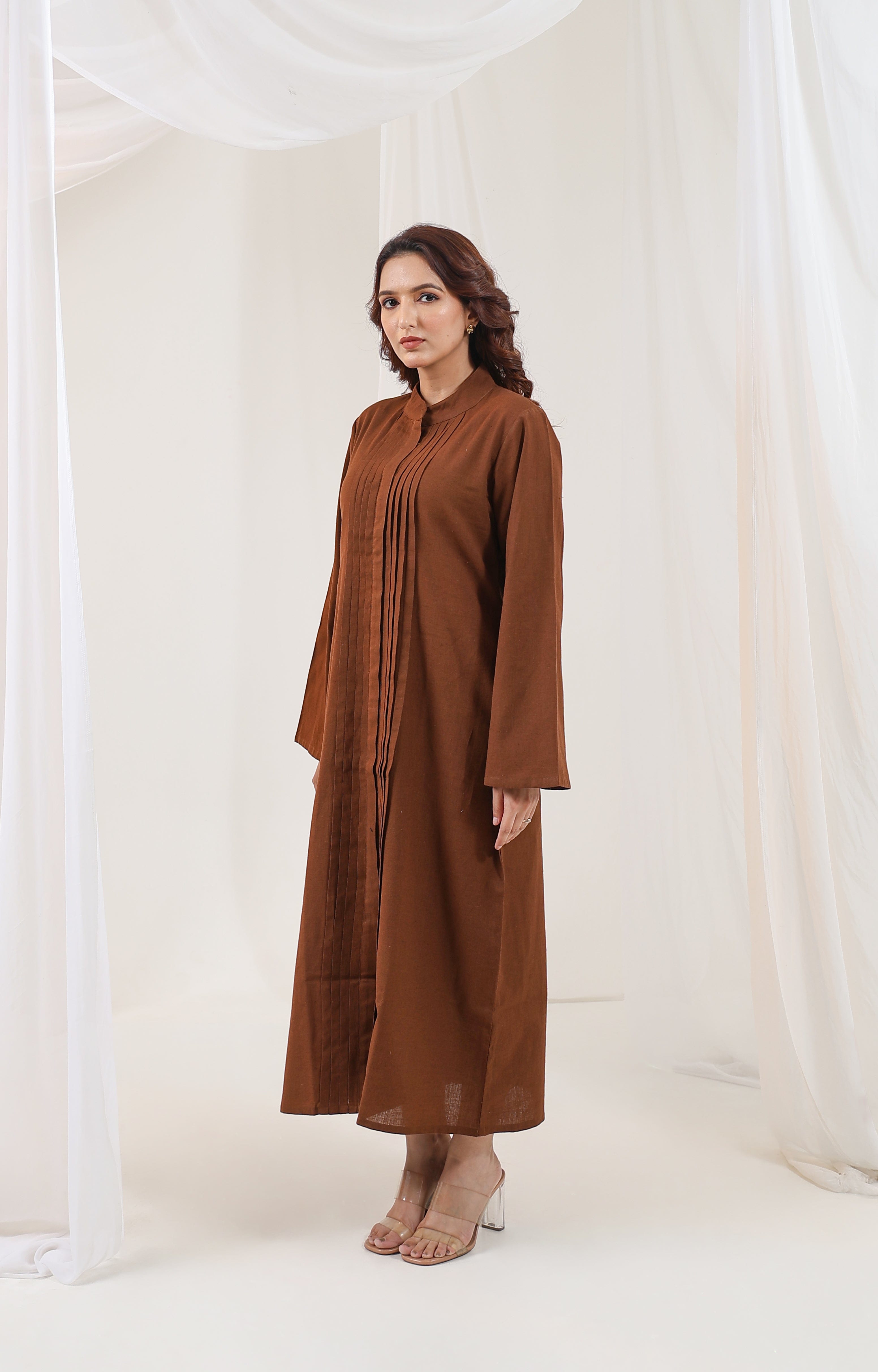 Pleated Long Kurta - Earth Brown