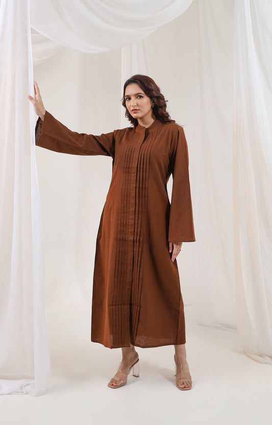 Pleated Long Kurta - Earth Brown