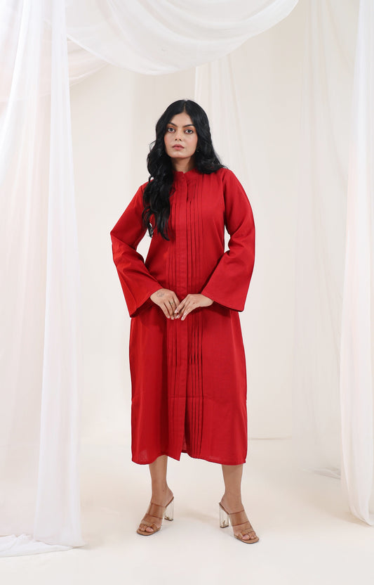 Pleated Long Kurta - Red