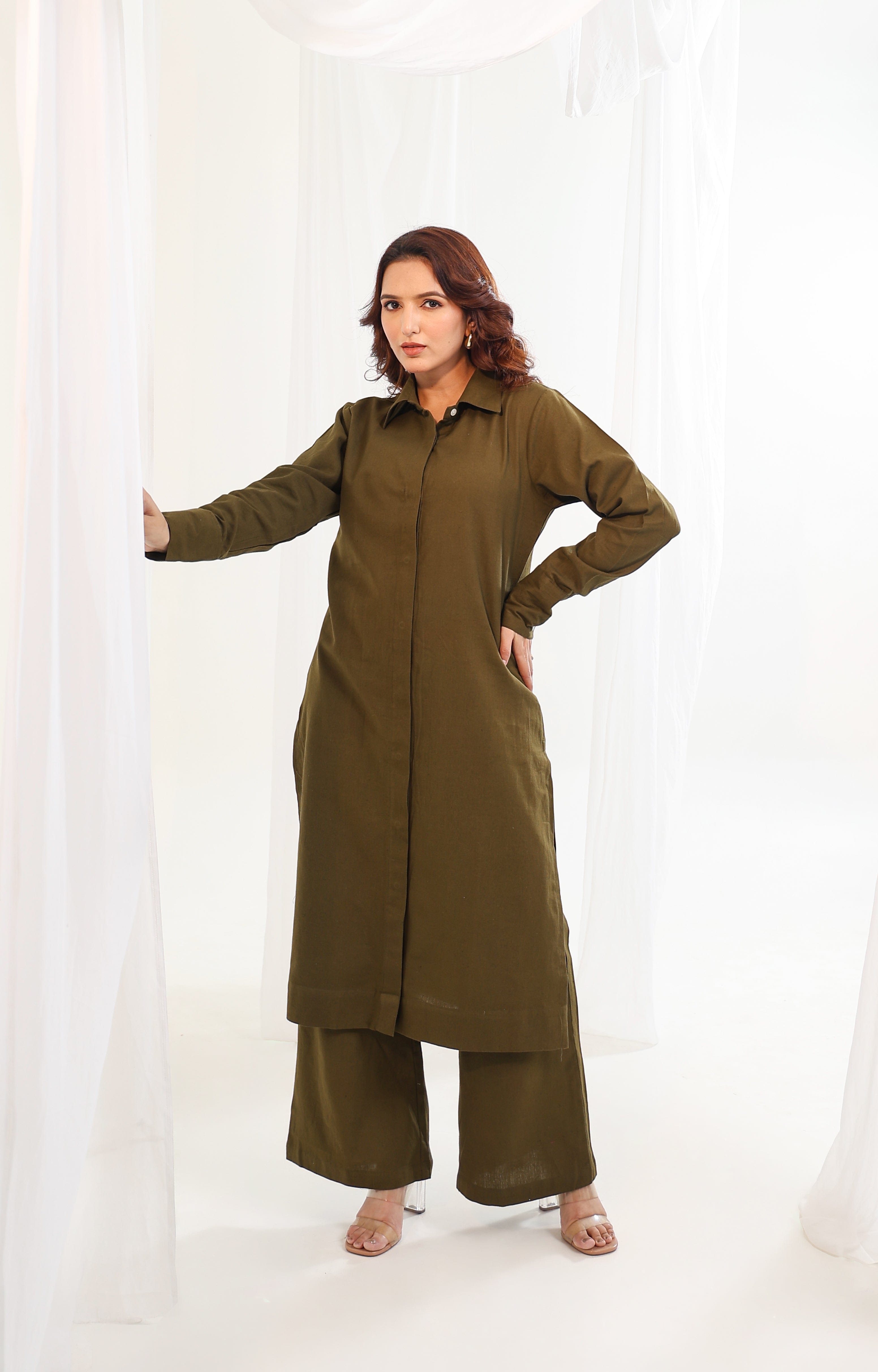 Long Shirt Kurta - Olive Green