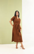 V Neck Tie Dress - Earth Brown