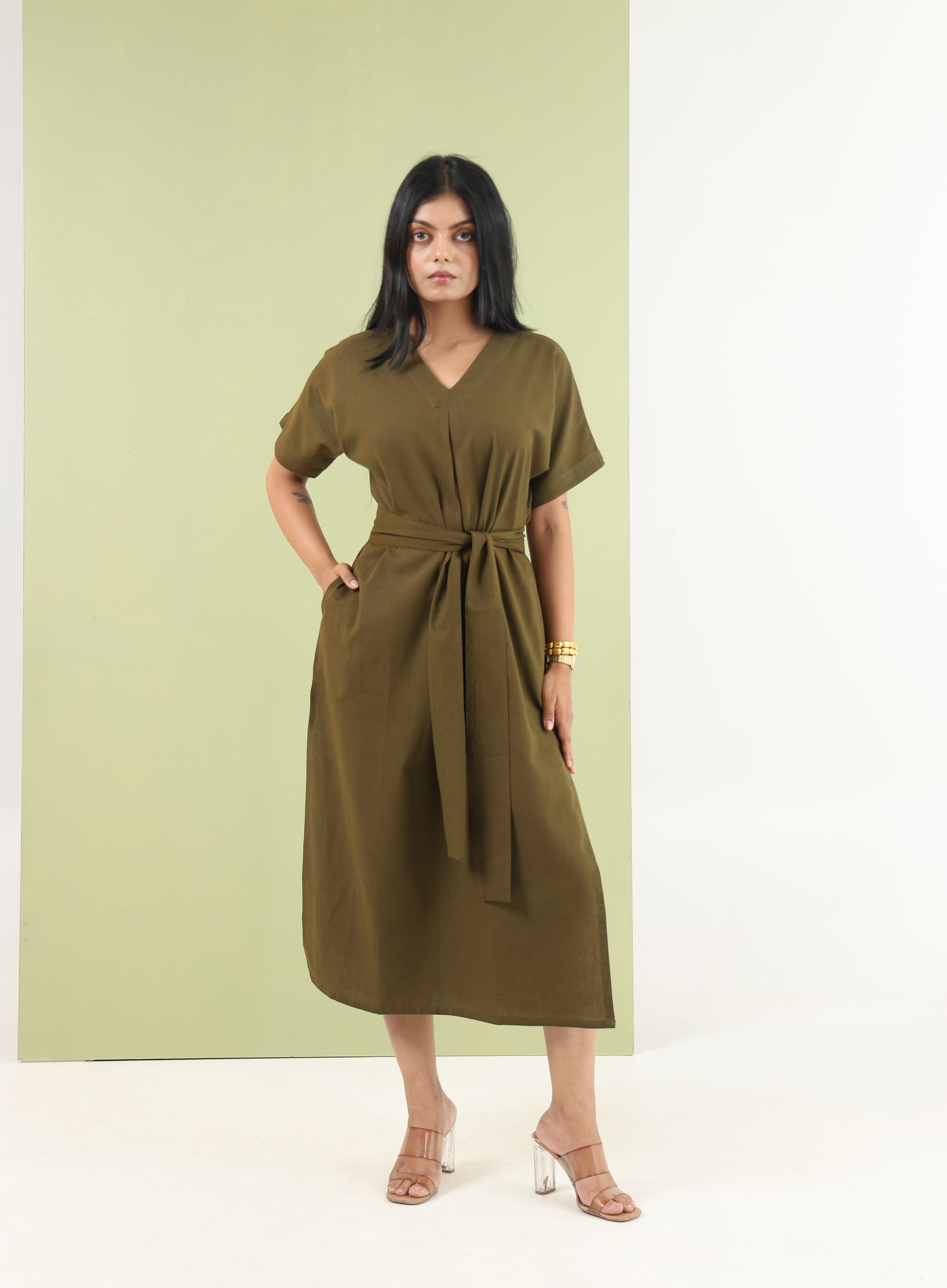 V Neck Tie Dress - Olive Green