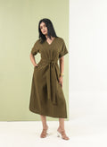 V Neck Tie Dress - Olive Green