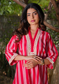Cotton Striped Co-ord Set with Lace Detail - Red