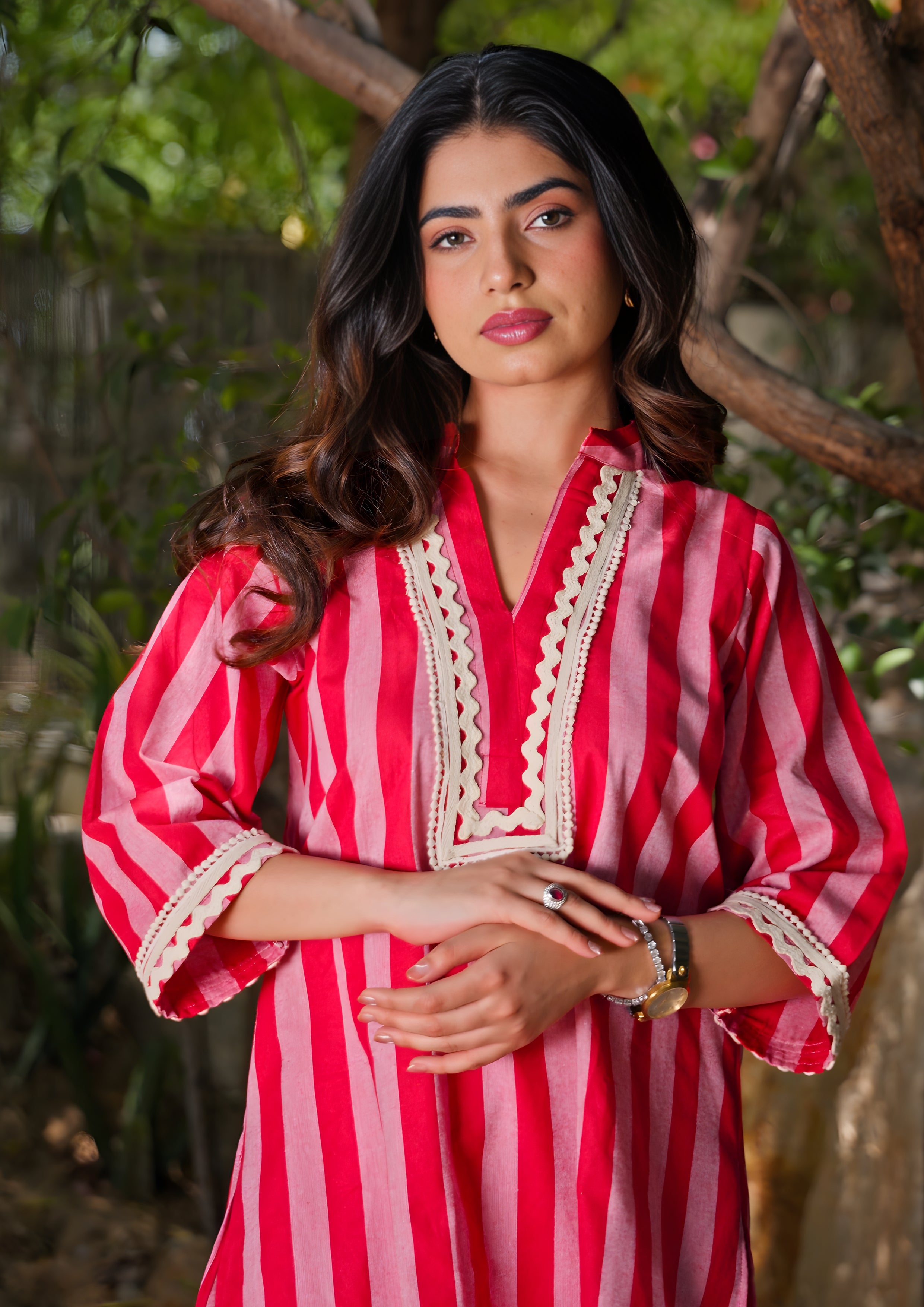 Cotton Striped Co-ord Set with Lace Detail - Red