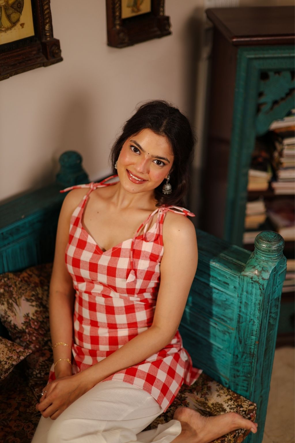 Gingham tie up shoulder corset kurti- red