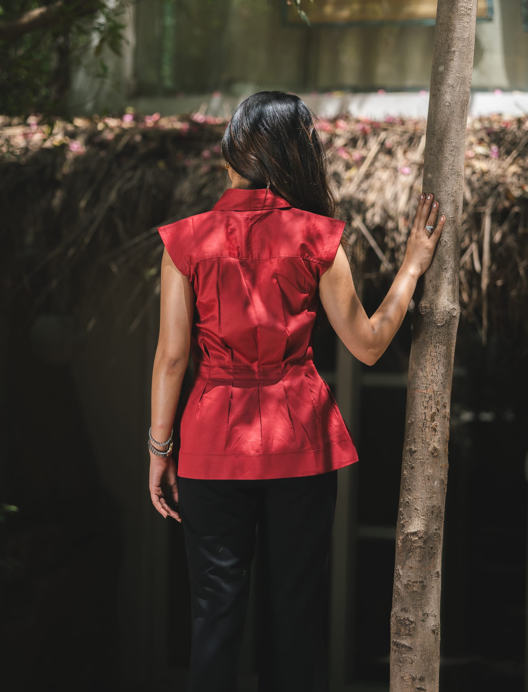 Cotton Satin Clinched Waist Top - Ruby