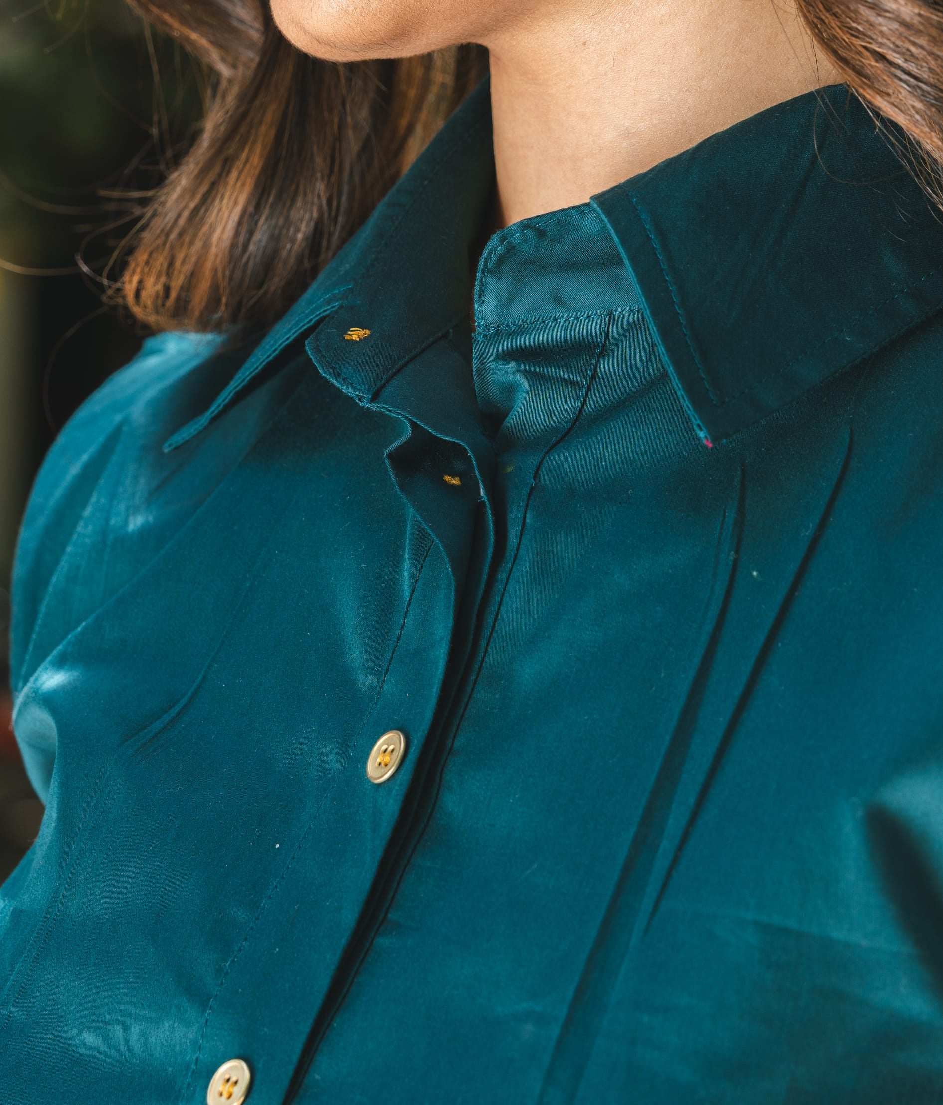 Cotton Satin Clinched Waist Top - Teal