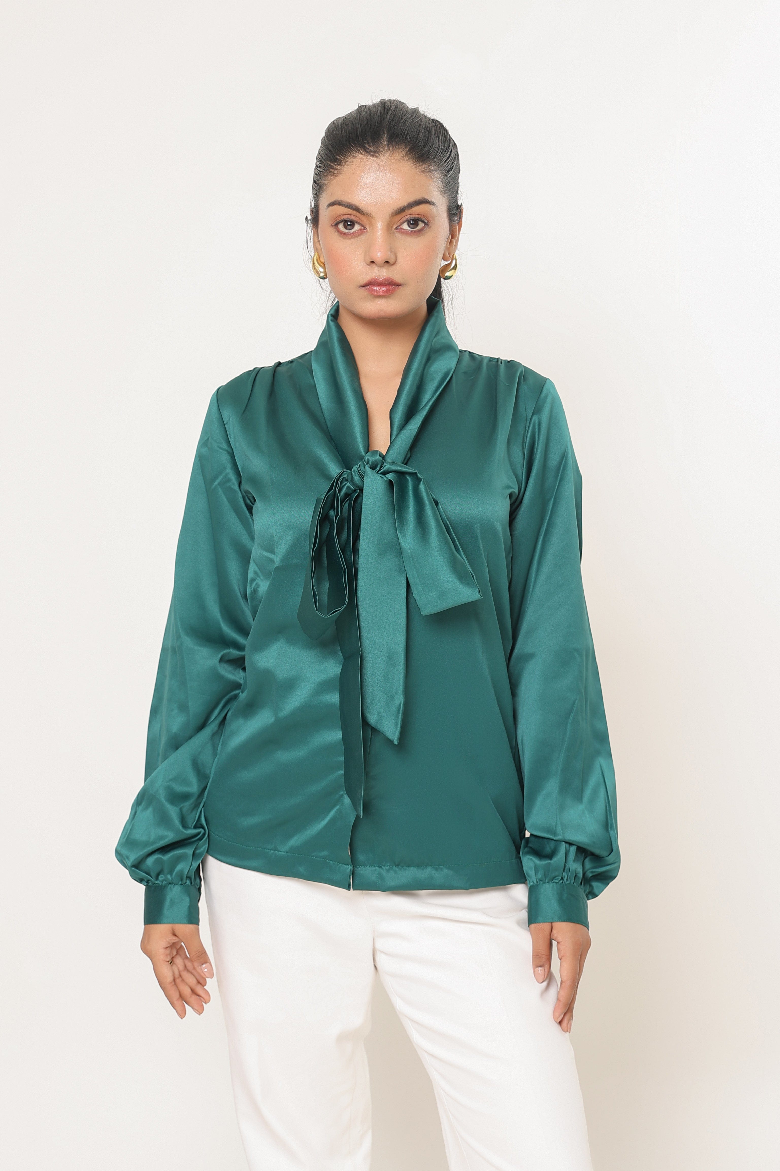 Elle Bow Blouse Top - Emerald Green