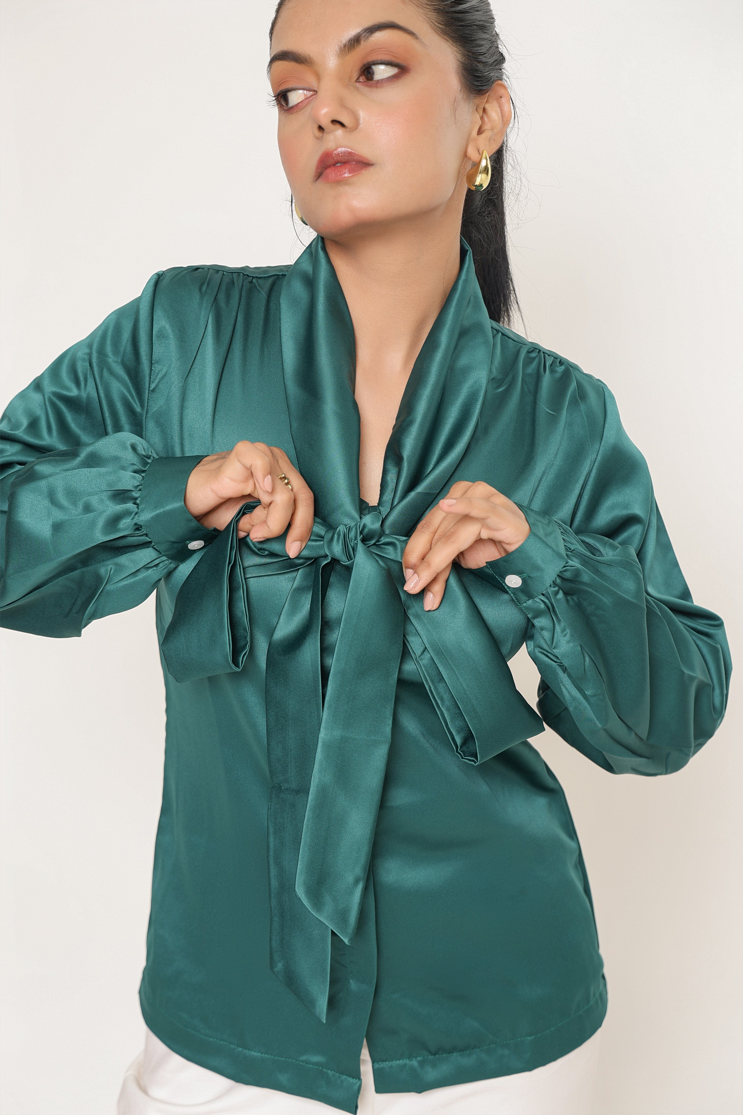 Elle Bow Blouse Top - Emerald Green