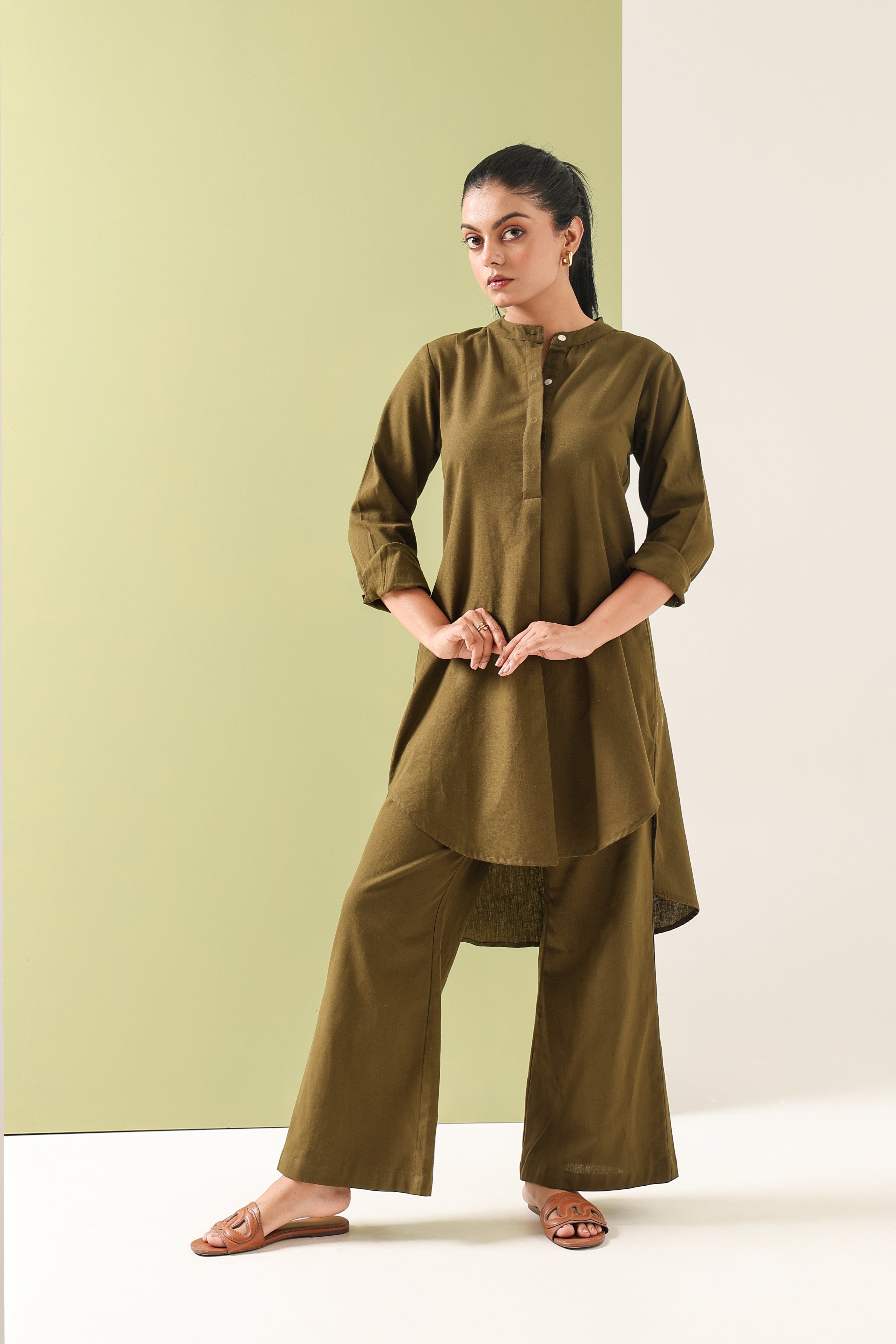 High Low Midi Kurta - Olive Green