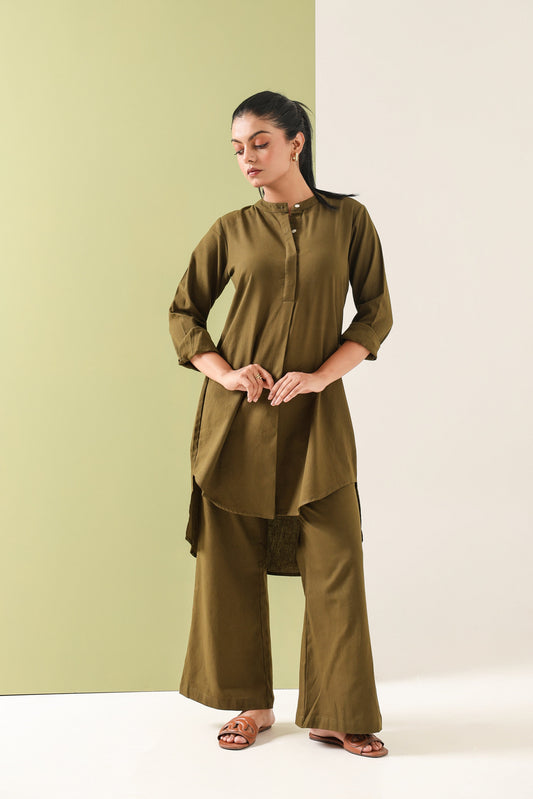 High Low Midi Kurta - Olive Green