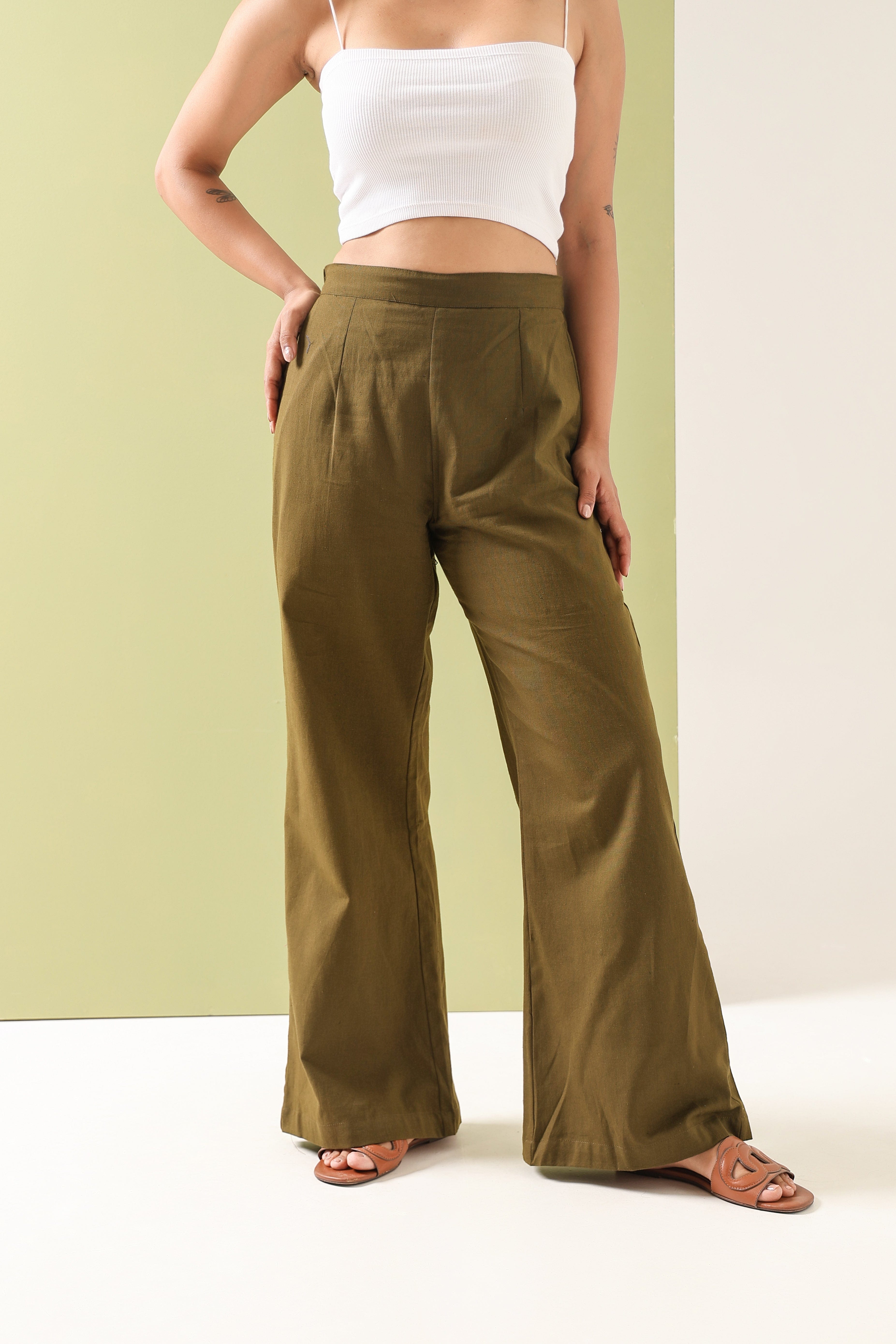 Flared Trousers - Olive Green