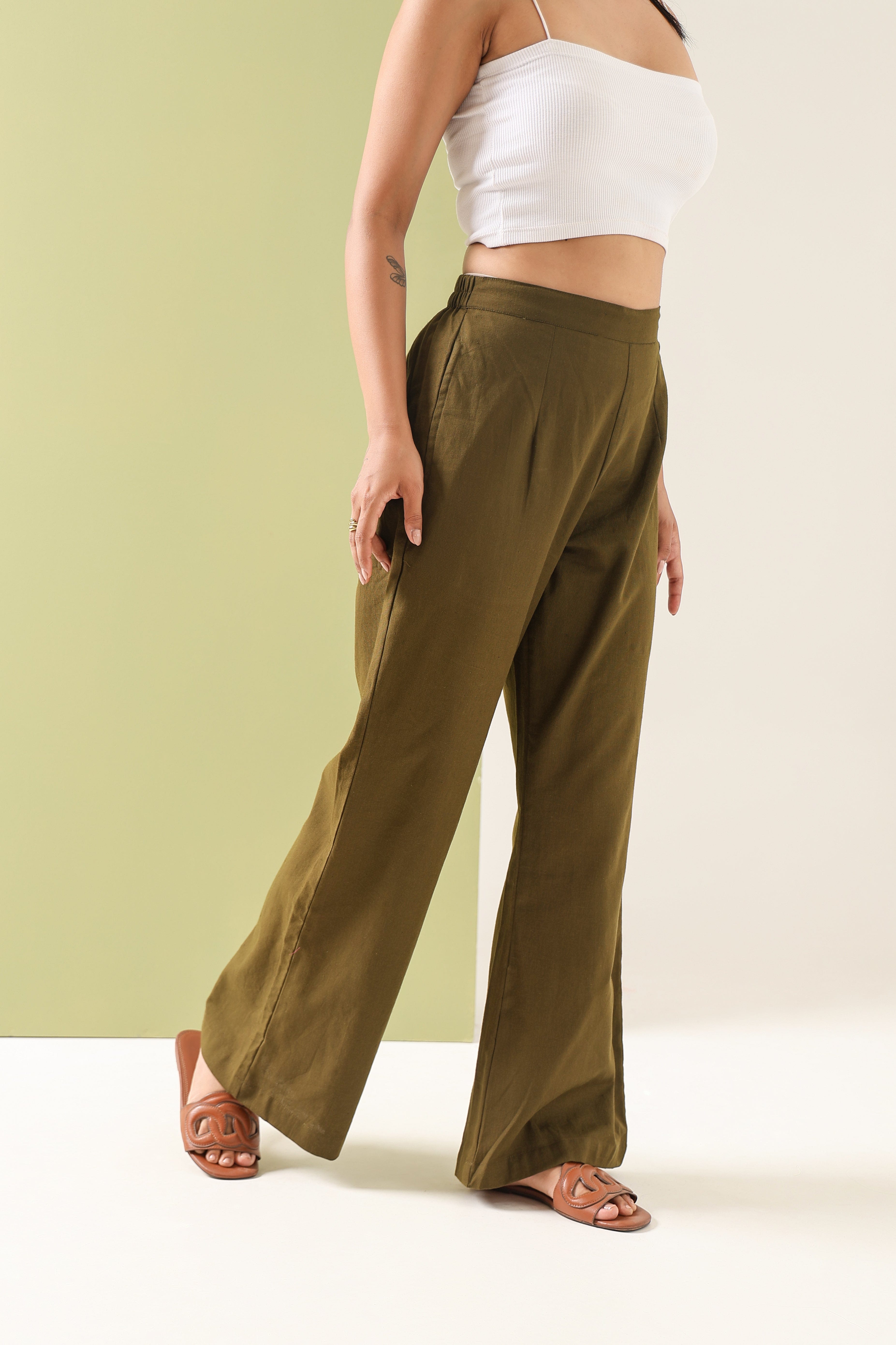 Cotton Linen Flared Pants - Olive Green