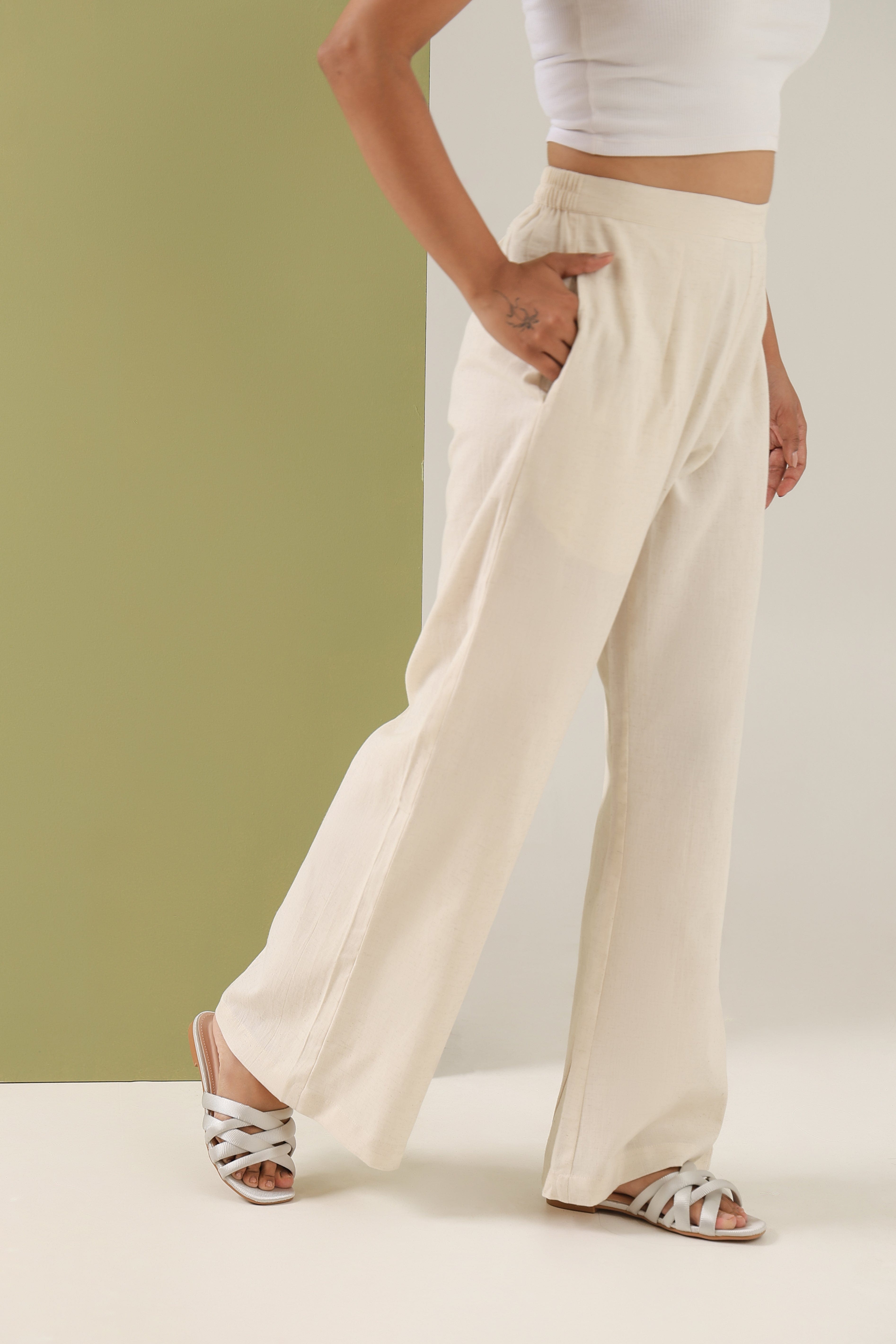 Cotton Linen Flared Pants - Ecru