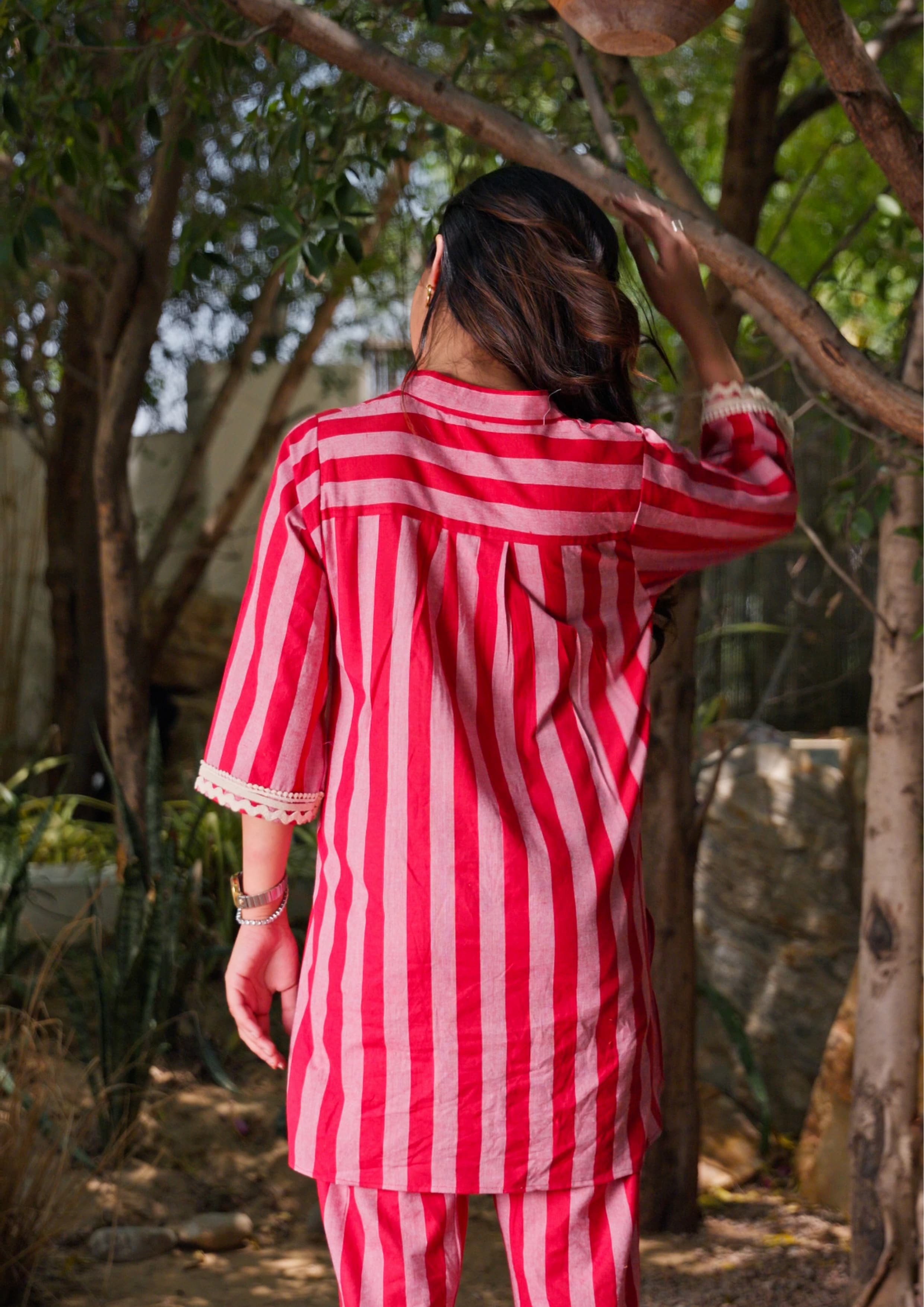 Cotton Striped Co-ord Set with Lace Detail - Red