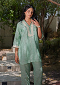 Cotton Striped Co-ord Set with Lace Detail - Green