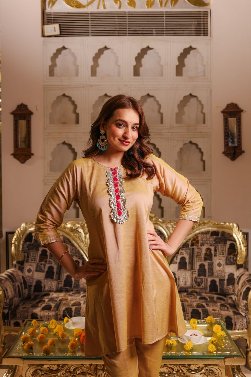 Champagne silk short kurti with tulip pants