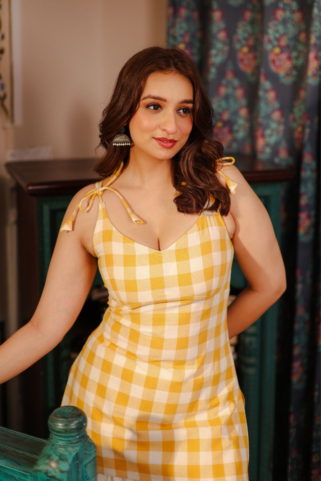 gingham tie up shoulder corset kurti- orange