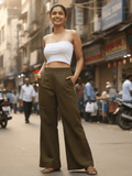 Cotton Linen Flared Pants - Olive Green