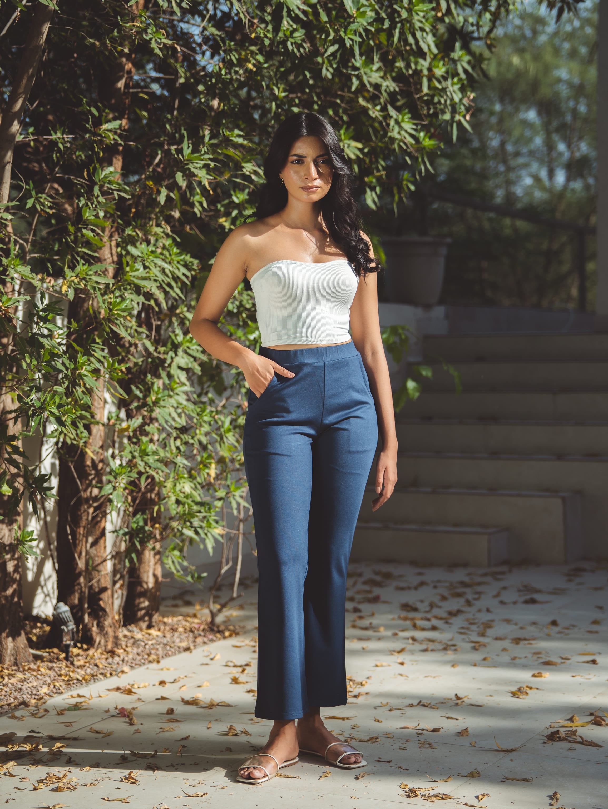 4-Way Stretch Flare Pants - Navy Blue