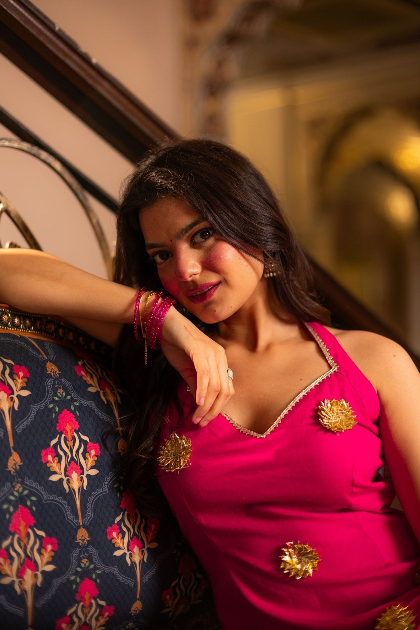 bebo cotton halter gotapatti kurti with necktie- pink