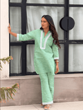 Cotton Striped Co-ord Set with Lace Detail - Green