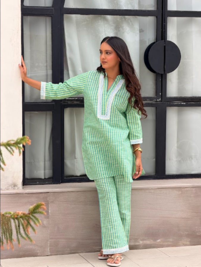 Cotton Striped Co-ord Set with Lace Detail - Green