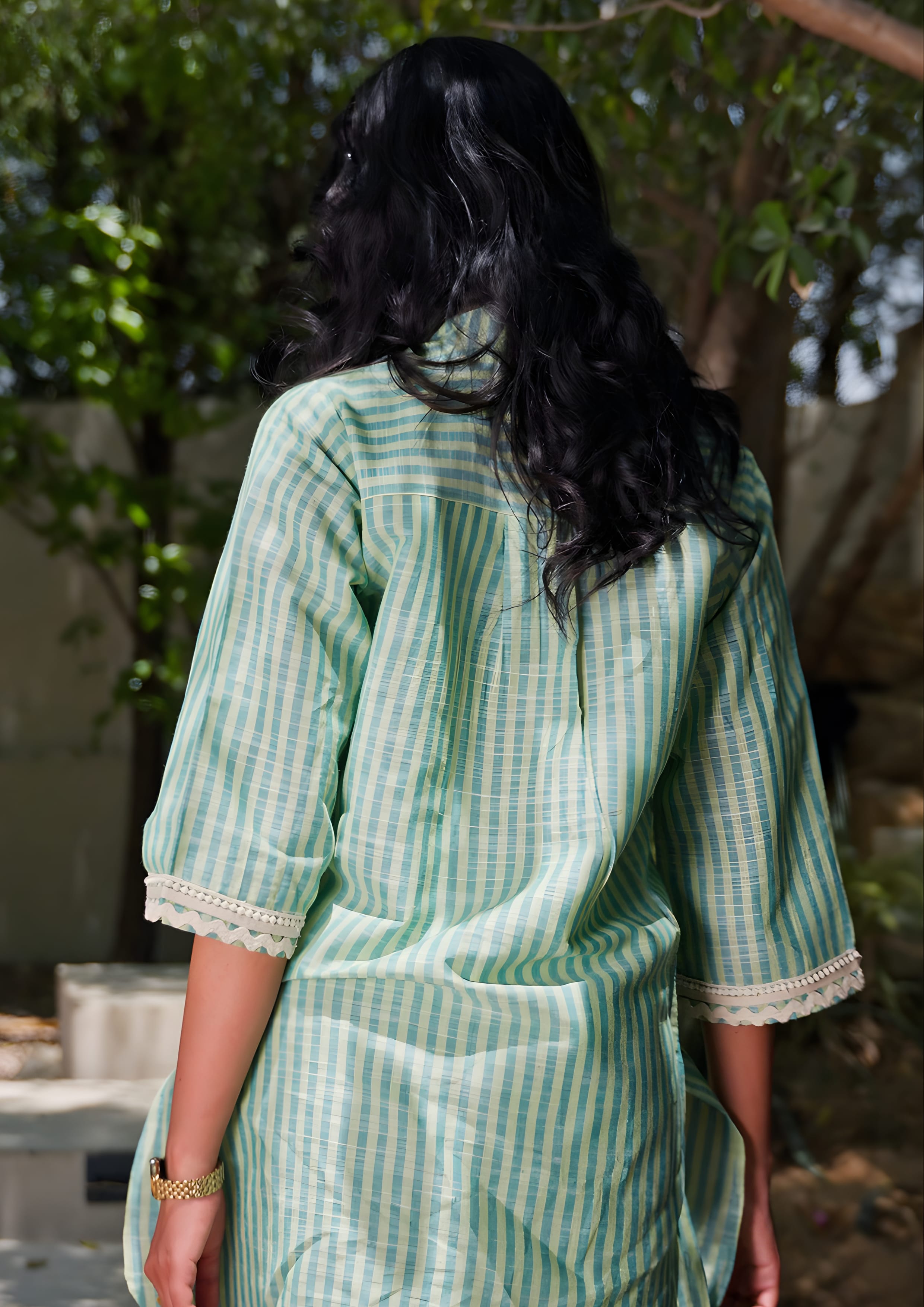 Cotton Striped Co-ord Set with Lace Detail - Green