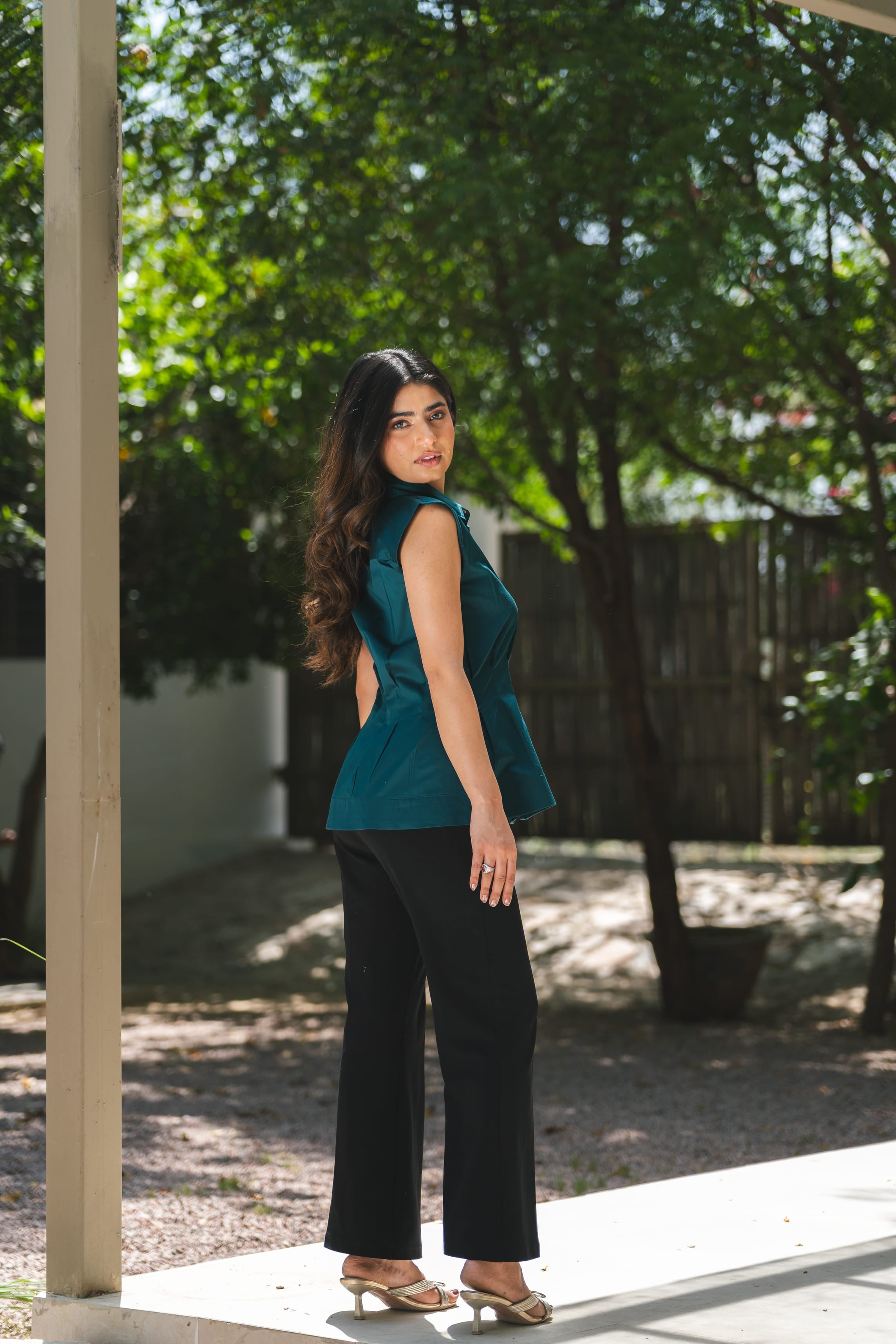 Cotton Satin Clinched Waist Top - Teal