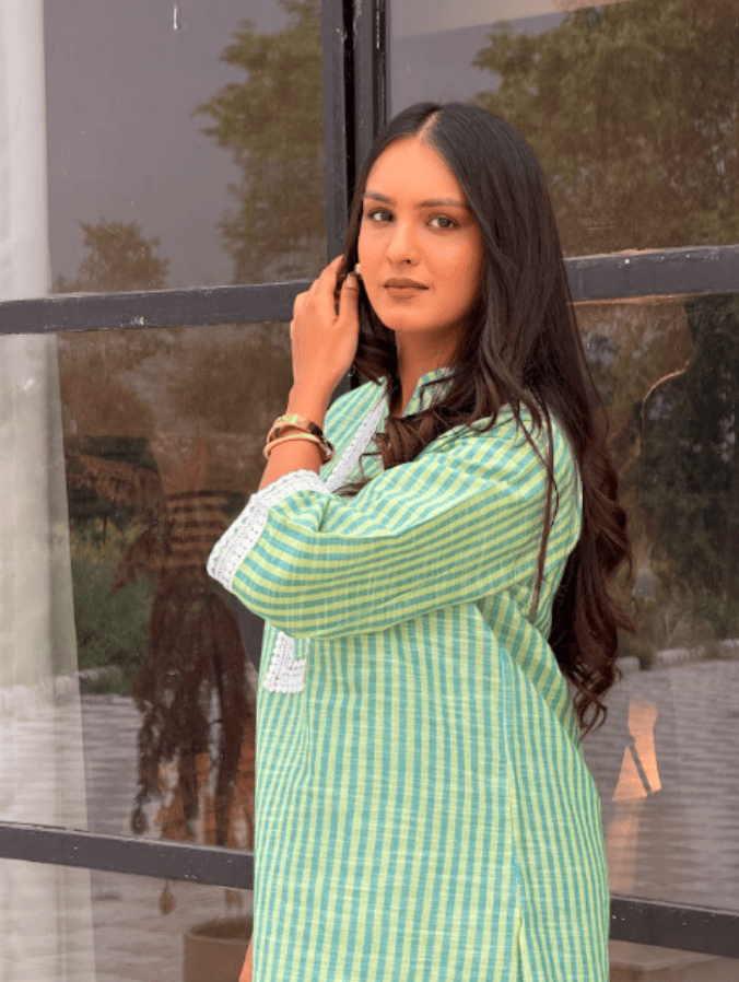 Cotton Striped Co-ord Set with Lace Detail - Green