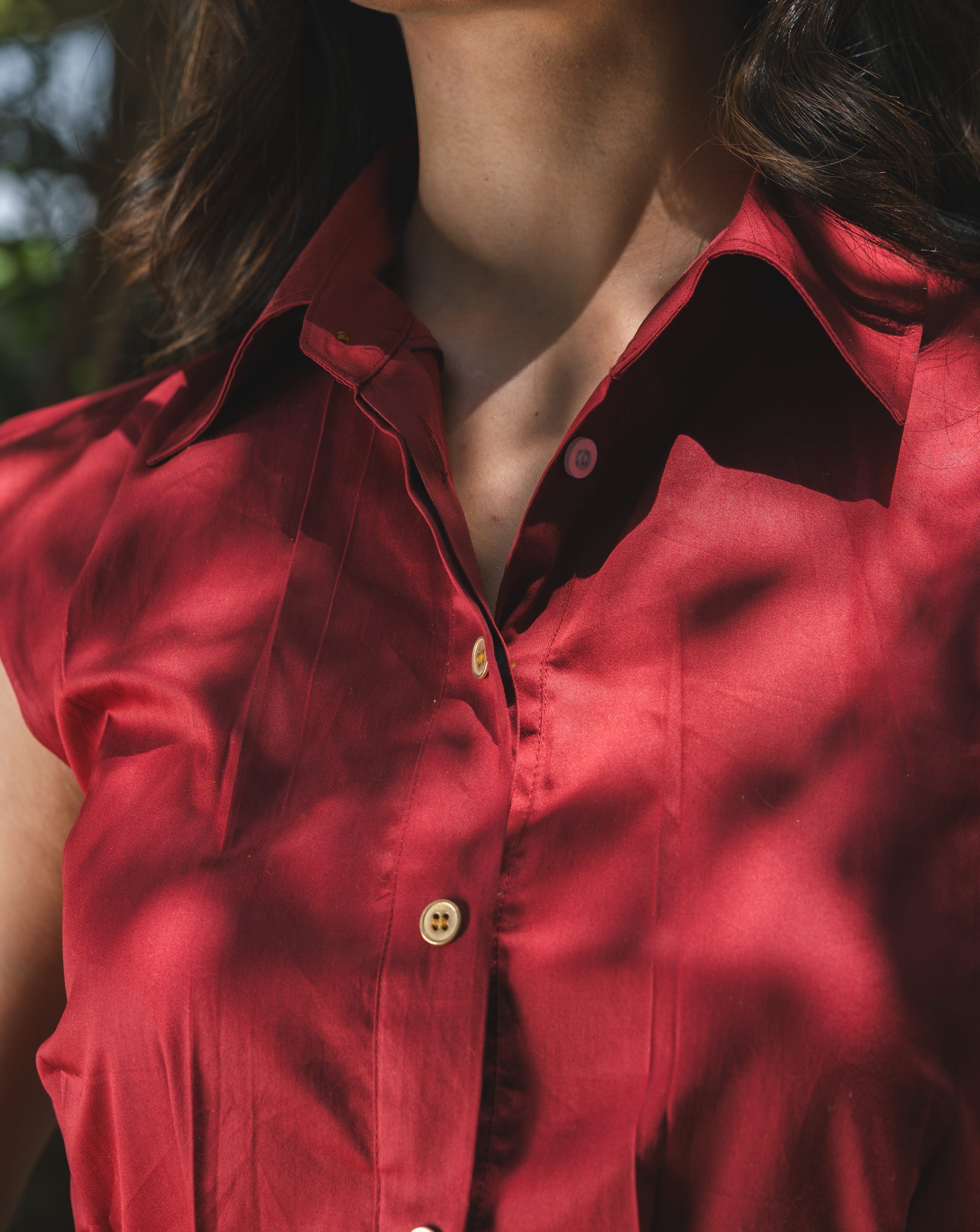 Cotton Satin Clinched Waist Top - Ruby