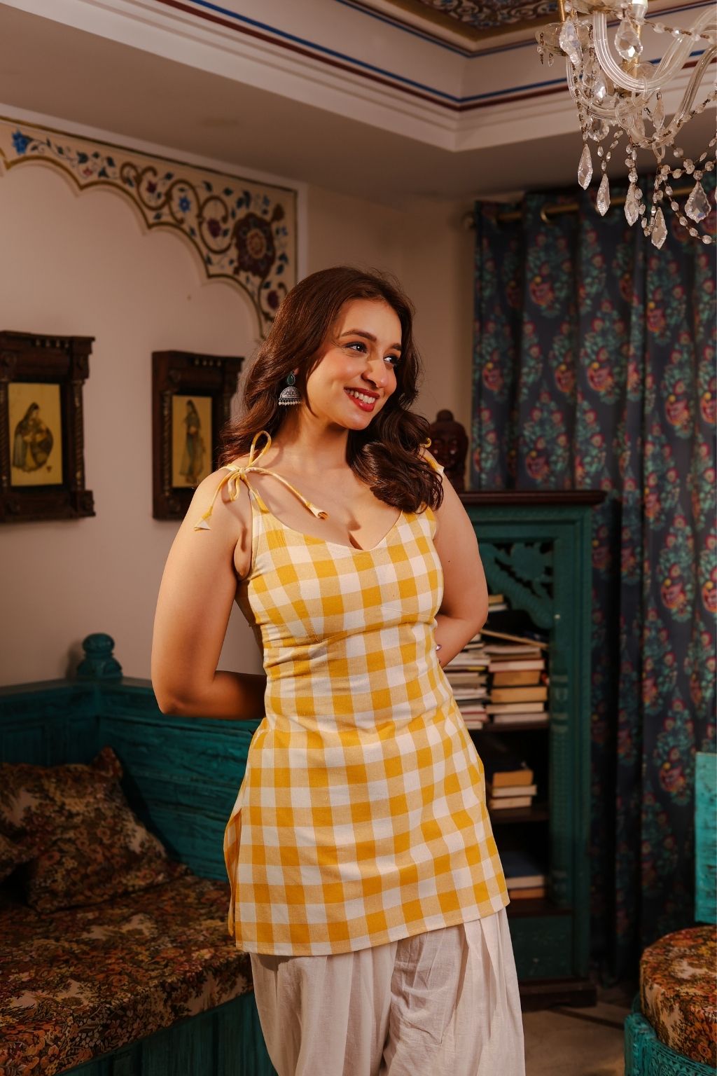 gingham tie up shoulder corset kurti- orange