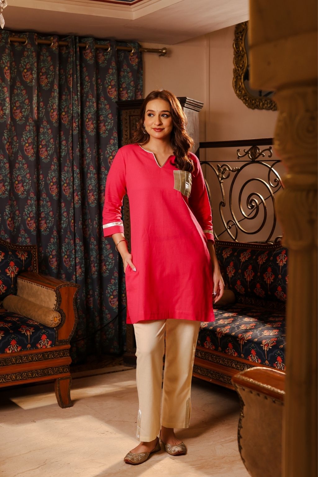 noor cotton linen gota patti kurti co ord- rani pink