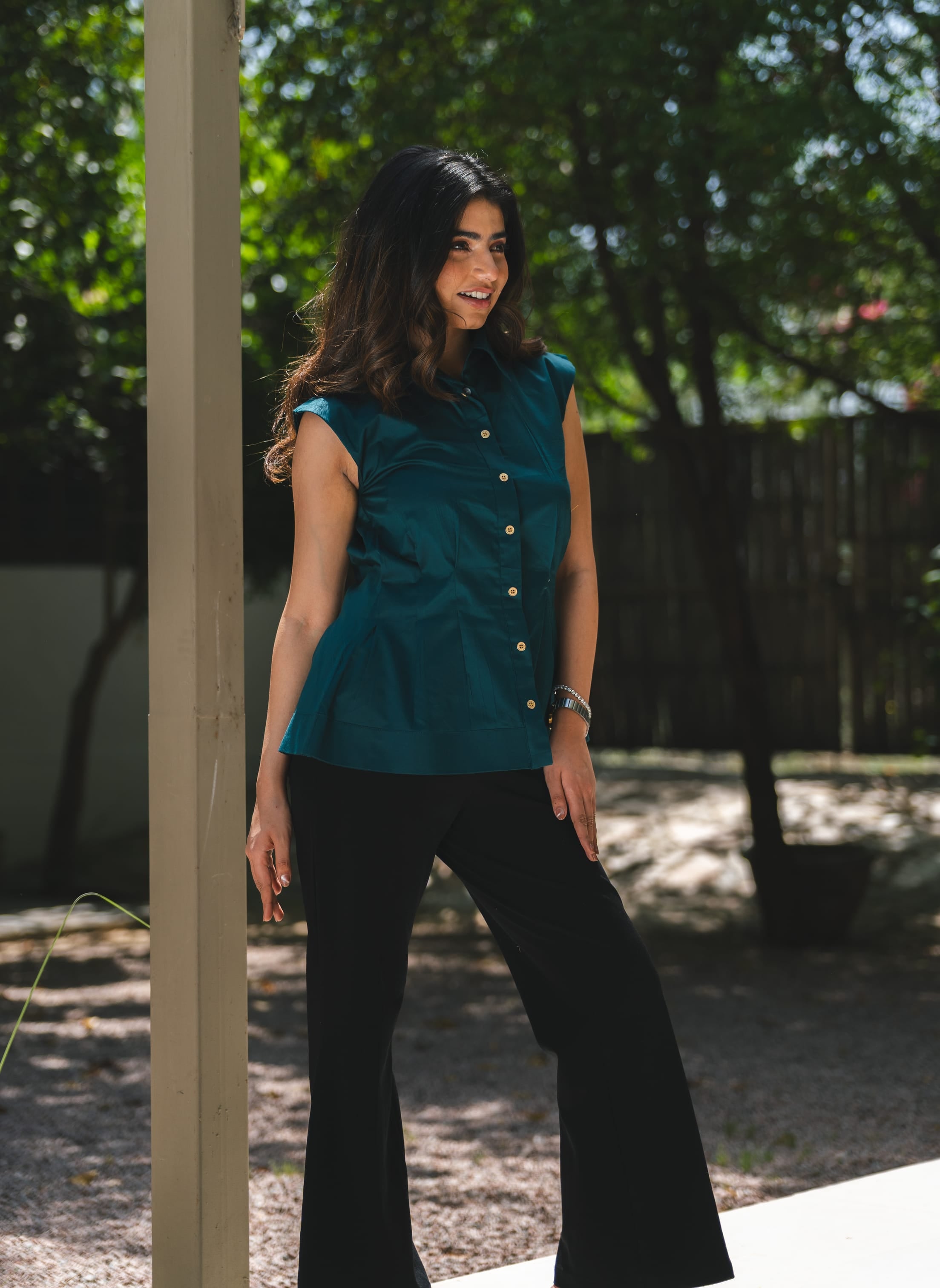Cotton Satin Clinched Waist Top - Teal