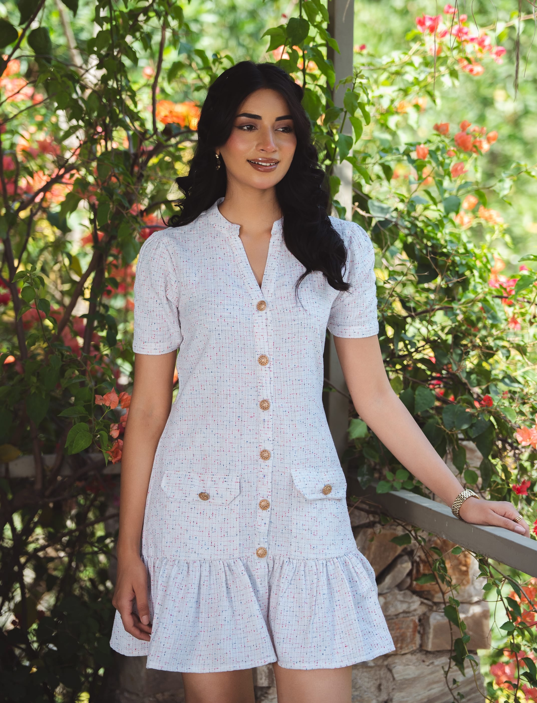 Textured Button-Down Dress - Ivory Confetti