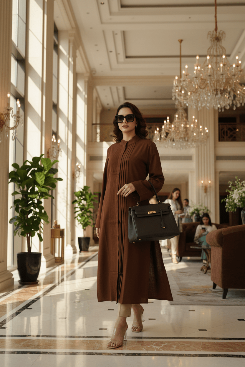 Pleated Long Kurta - Earth Brown