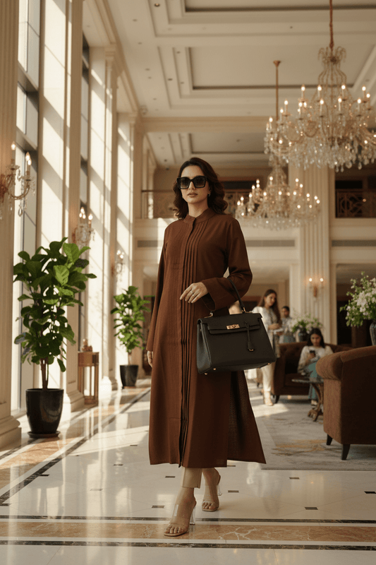 Pleated Long Kurta - Earth Brown