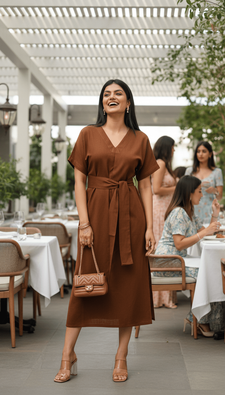 V Neck Tie Dress - Earth Brown