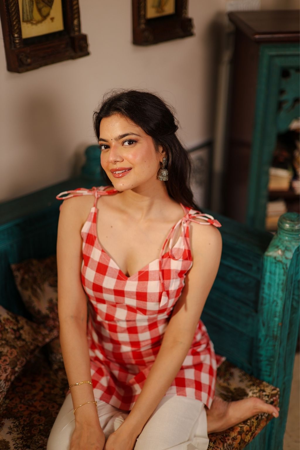 Gingham tie up shoulder corset kurti- red