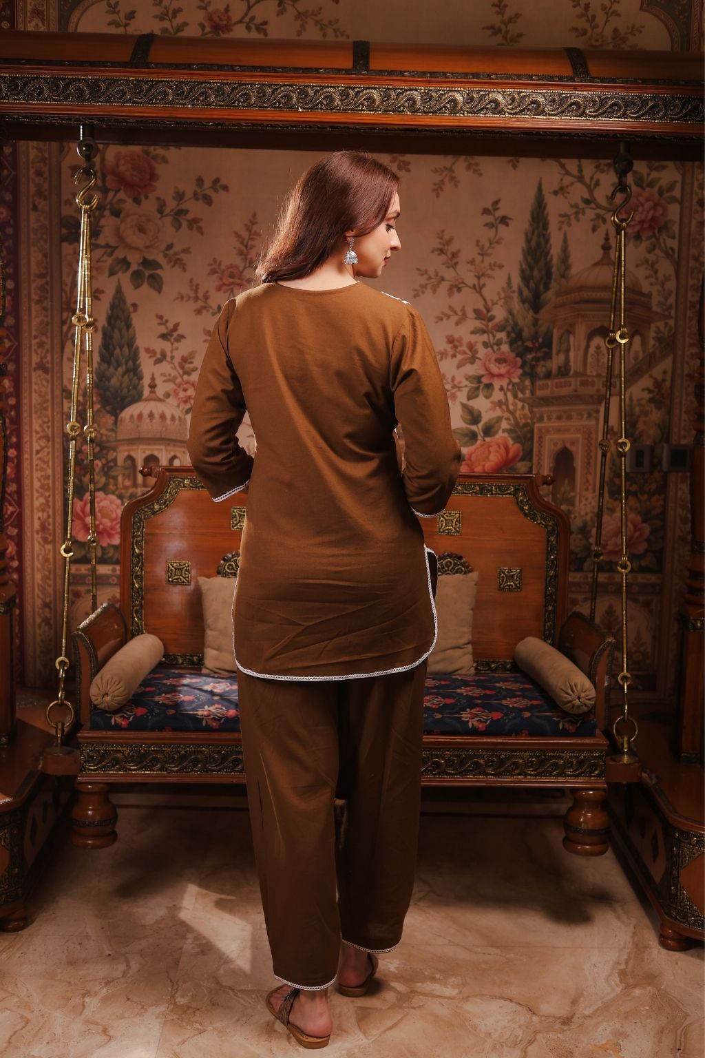 Meher cotton linen lace co ord set- brown