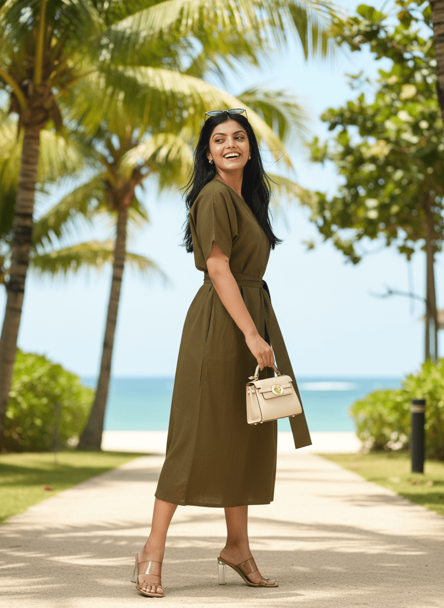 V Neck Tie Dress - Olive Green