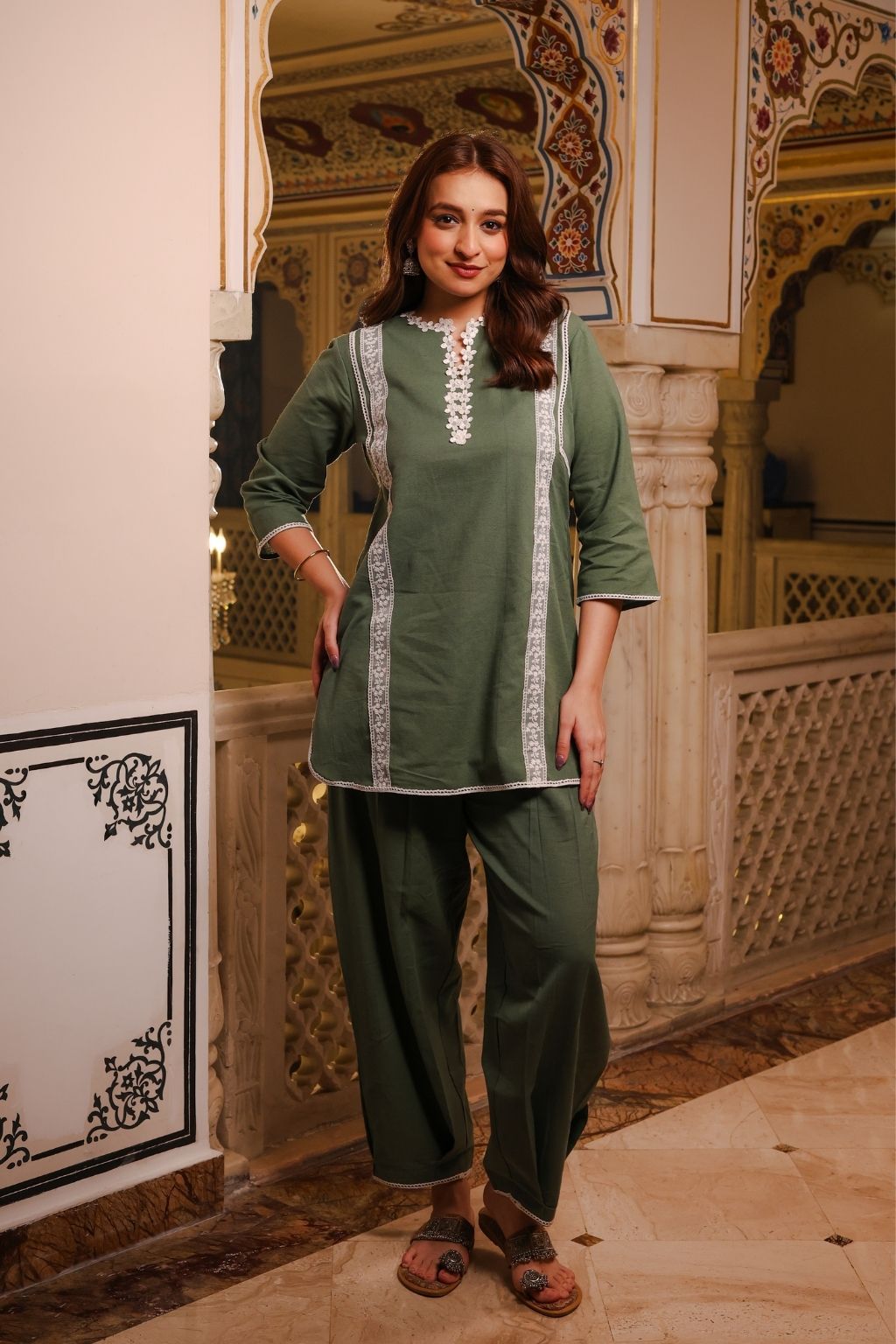Meher cotton linen lace co ord set - sage green