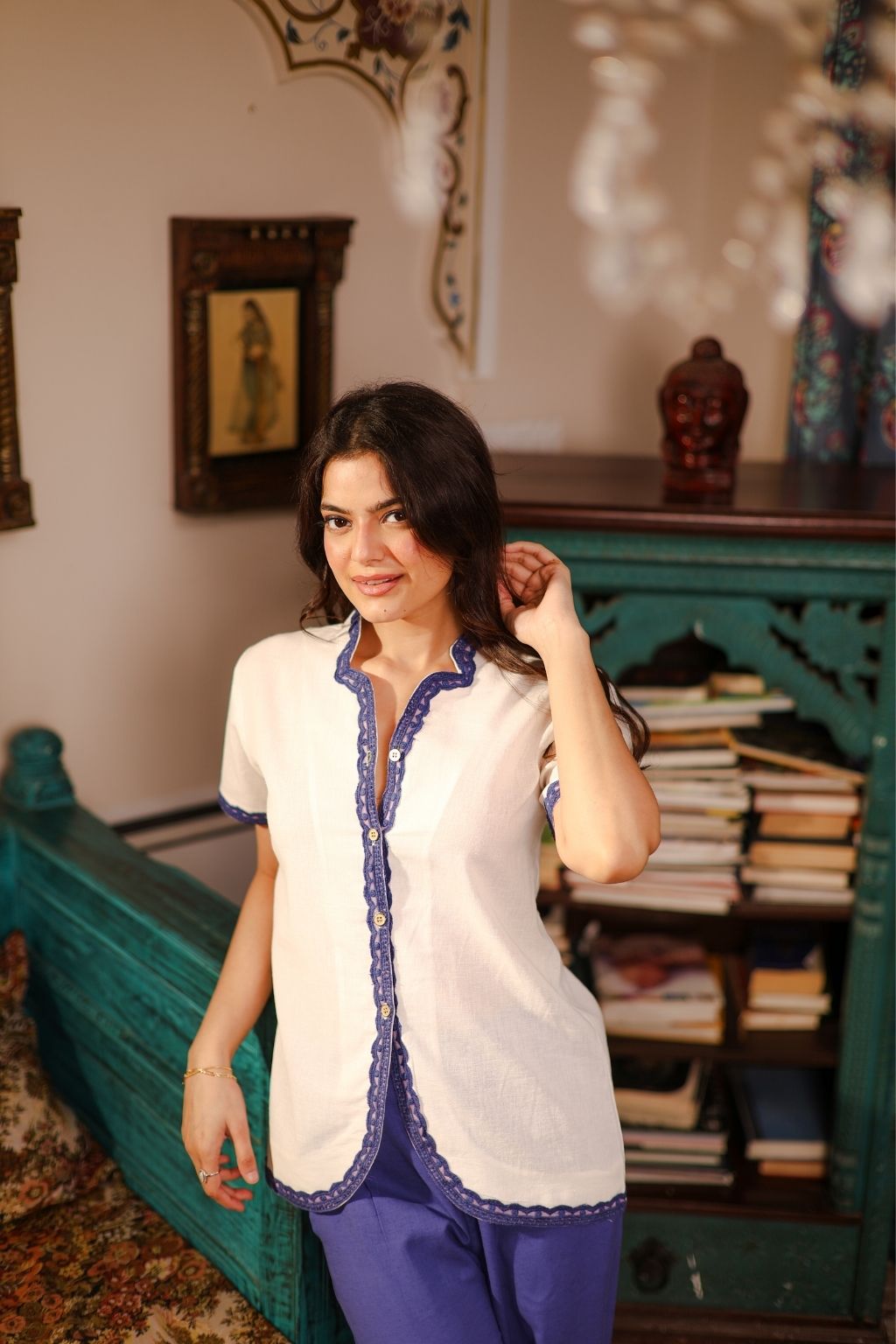 Niya blue cotton linen lace co ord set with flared pants