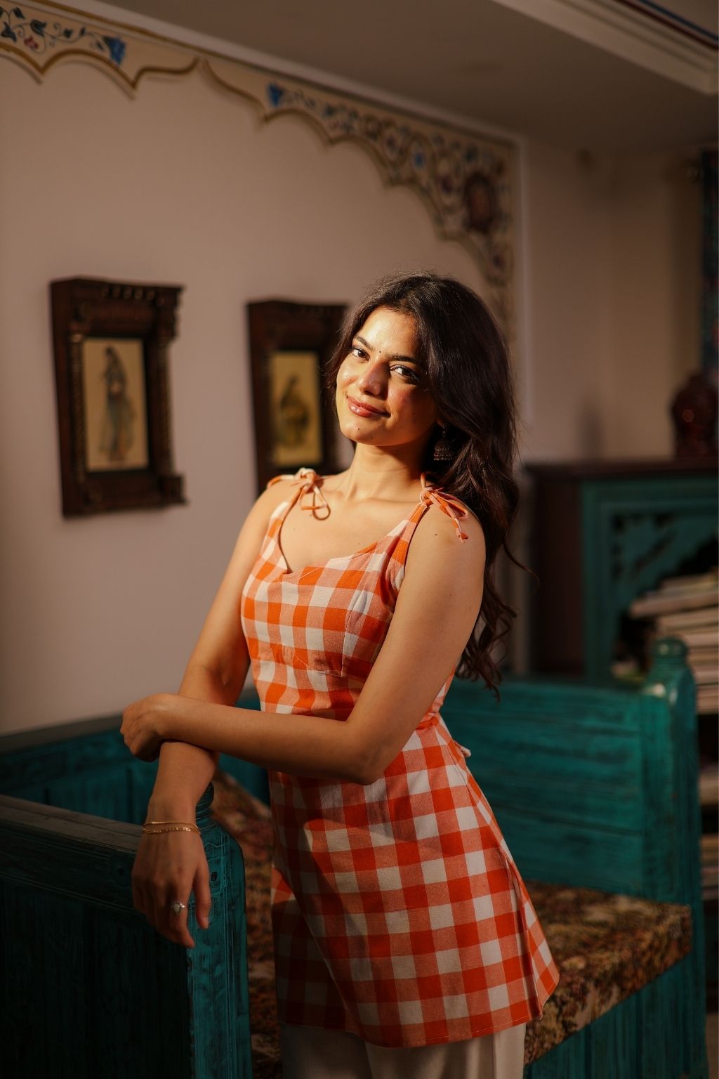 Gingham tie up shoulder corset kurti- Miranda