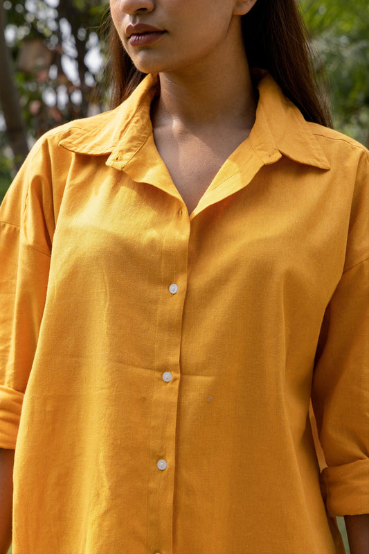 Yellow Oversized Cotton Shirt & Shorts Set